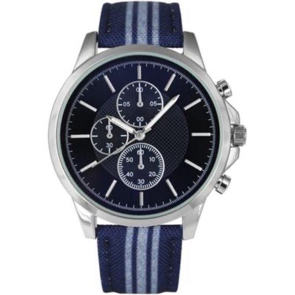 INC International Concepts Other - INC Men’s Navy Blue & White Striped Denim Strap Watch 42mm